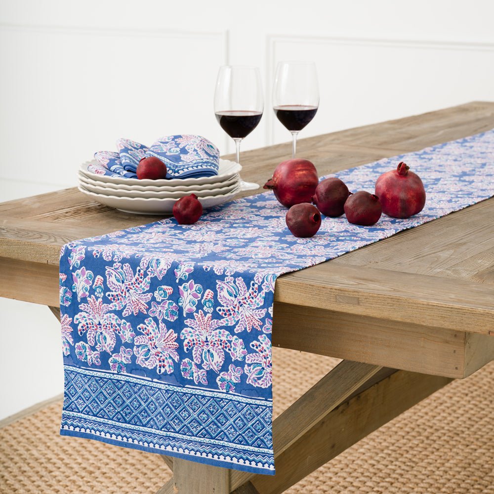 14"x108" Grecian Palm & Blue Orchid Table Runner
