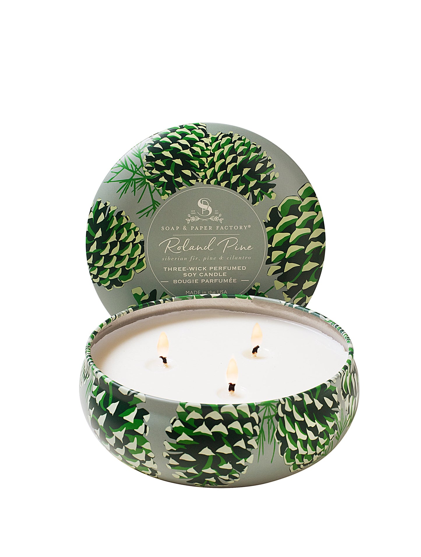 13oz Roland Pine Three-Wick Tin Soy Candle