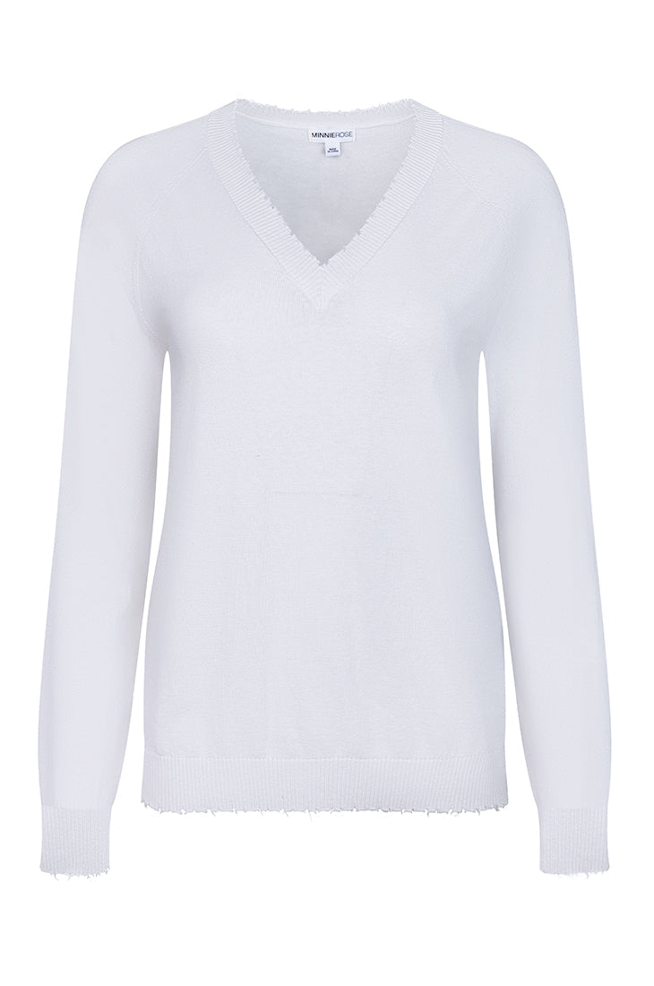 Cotton/Cashmere Frayed Edge V-Neck Sweater - White