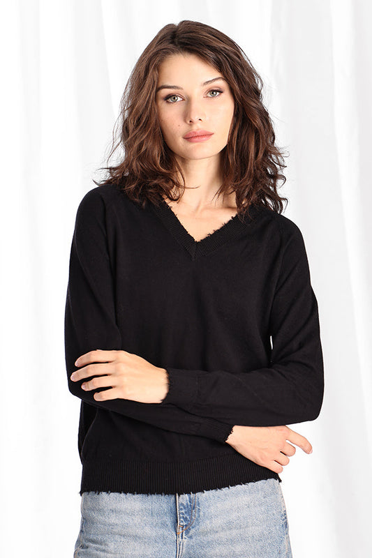 Cotton/Cashmere Frayed Edge V-Neck Sweater - Black