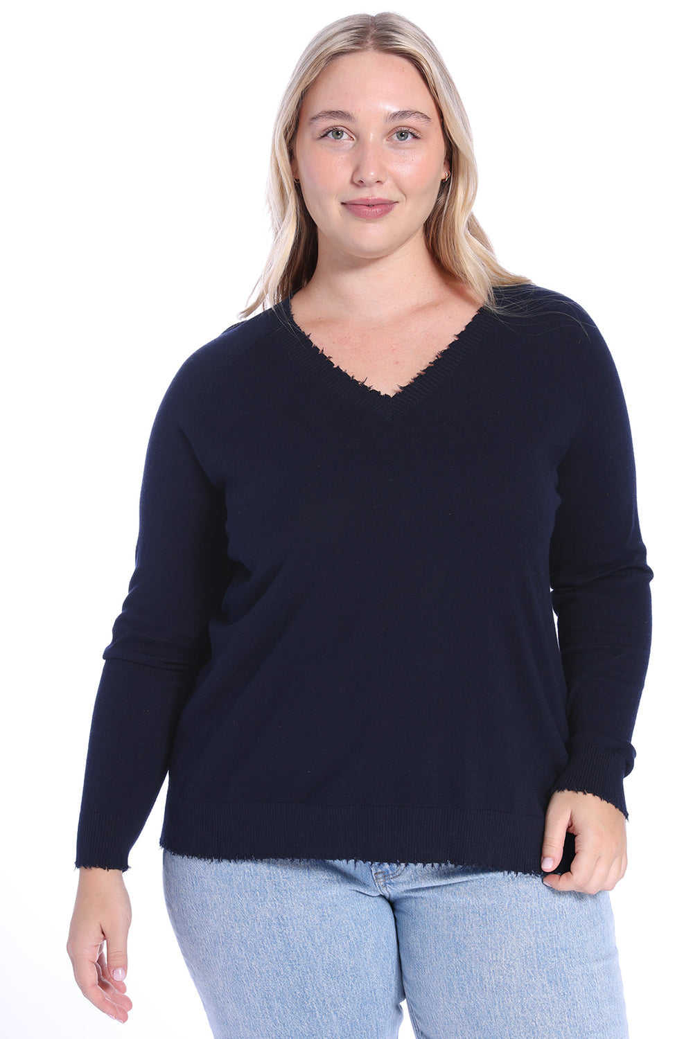 Plus Size Cotton/Cashmere Distressed V-Neck Sweater