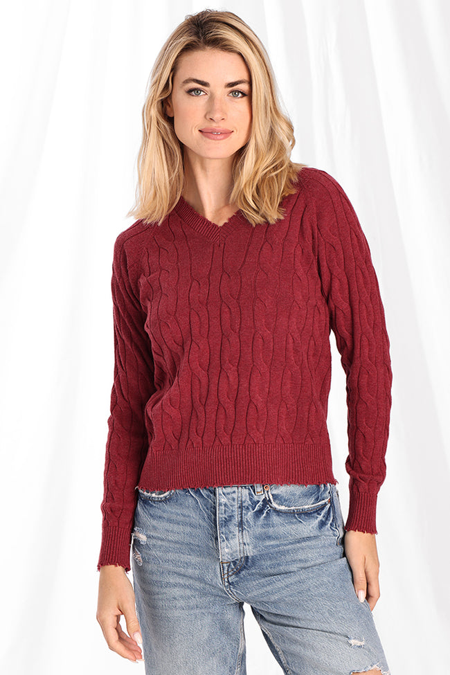 Cable Knit V-Neck Sweater with Frayed Edges - Wine