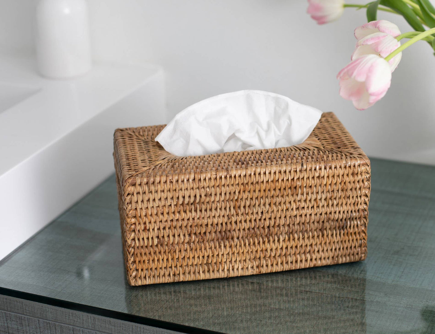 Rattan Rectangular Tissue Box Cover: Honey Brown