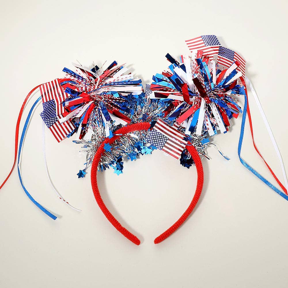 American Flag Patriotic Bow Tinsel Pom Headband