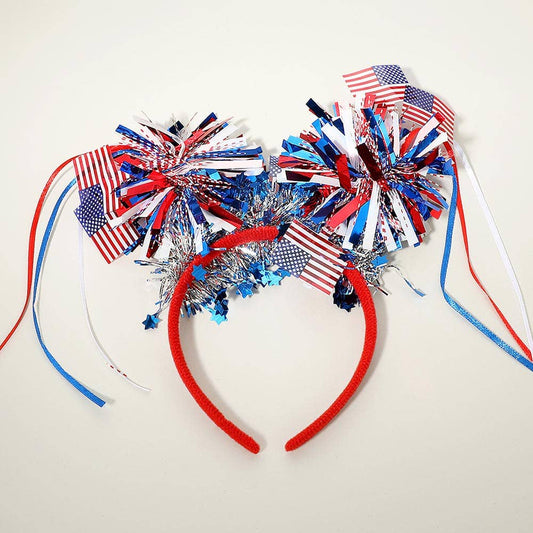 American Flag Patriotic Bow Tinsel Pom Headband