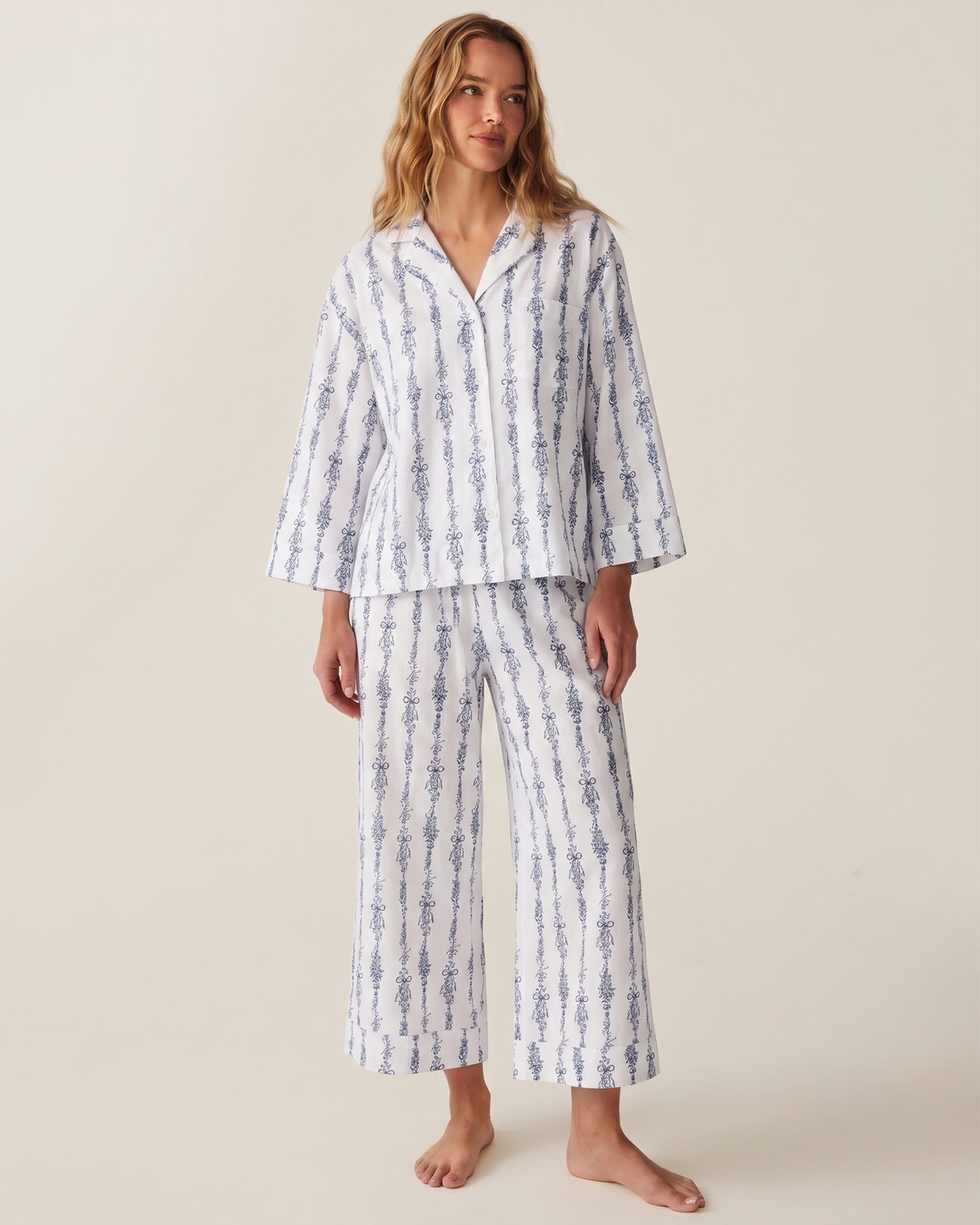 The Olivia Wide Leg Pima Pajama Set - Navy Mayfair Toile