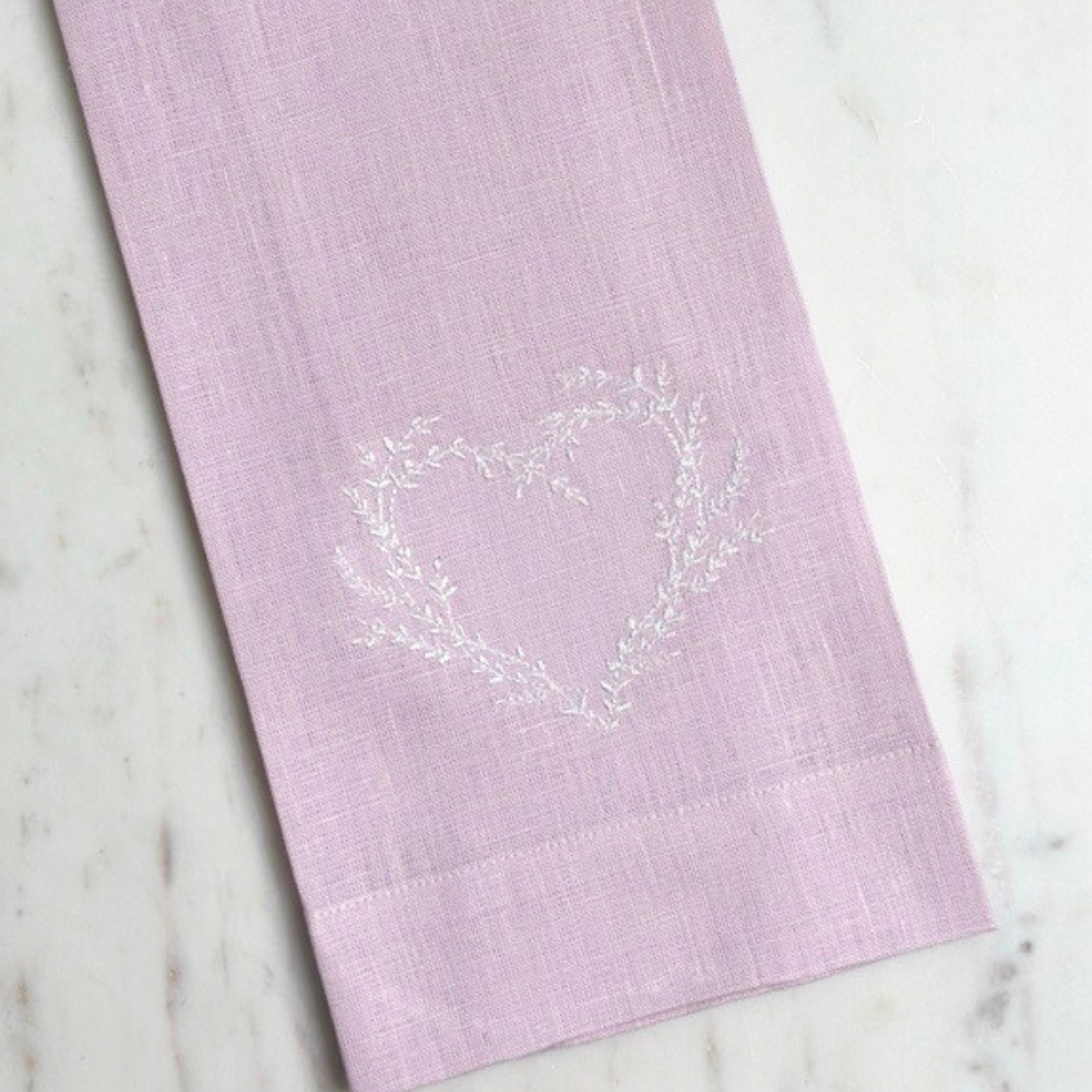 Vineyard Heart Linen Towel - White (Green)
