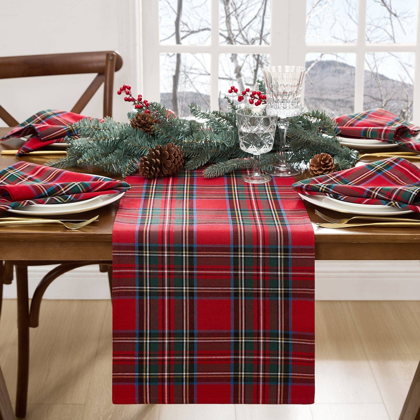 Stowe Tartan Holiday Plaid Cotton Christmas Table Runner - Red