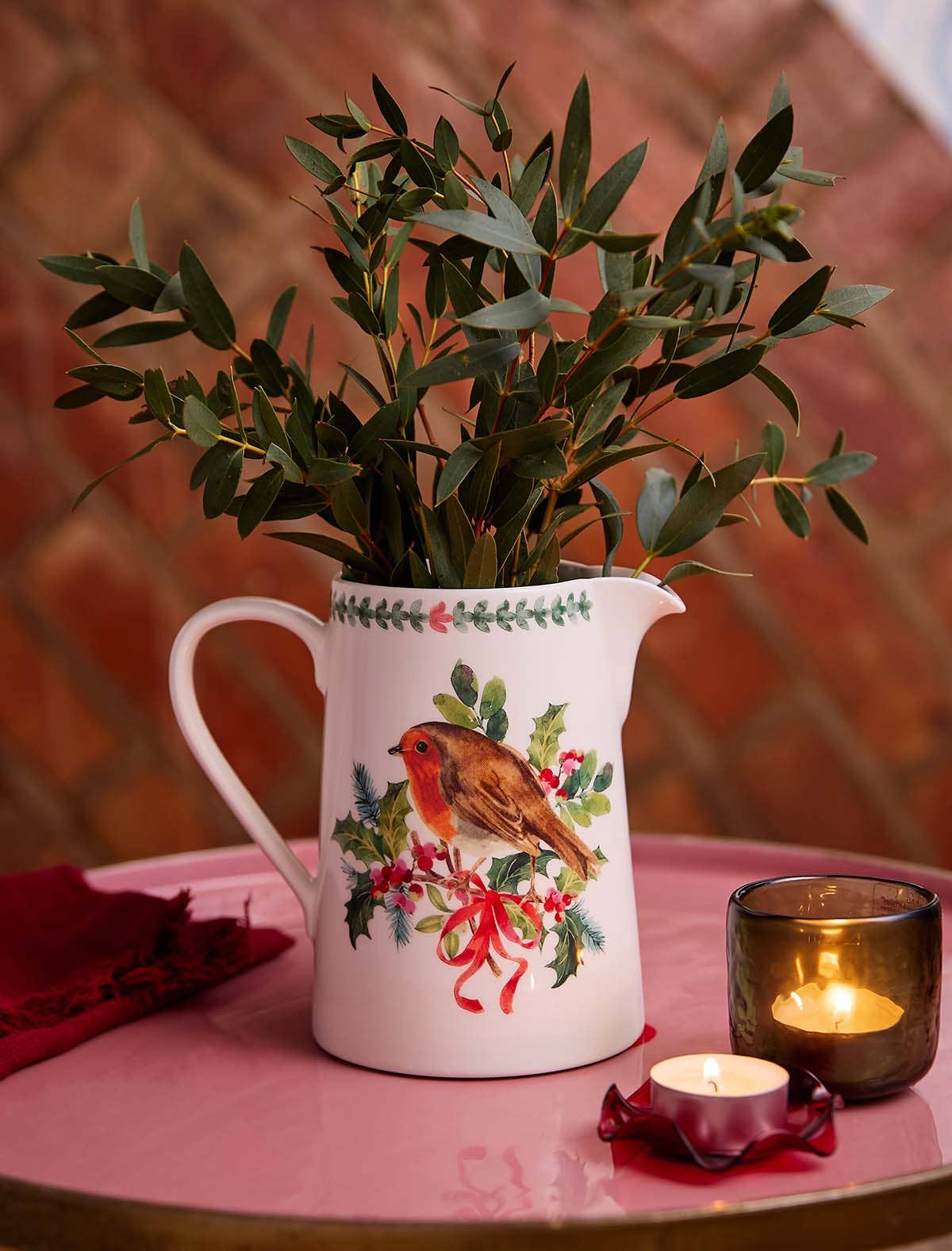 Botanic Garden Christmas Holly Bella Pitcher - Robin