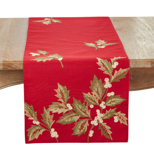 Evergreen Holly Leaves Table Runner: Red