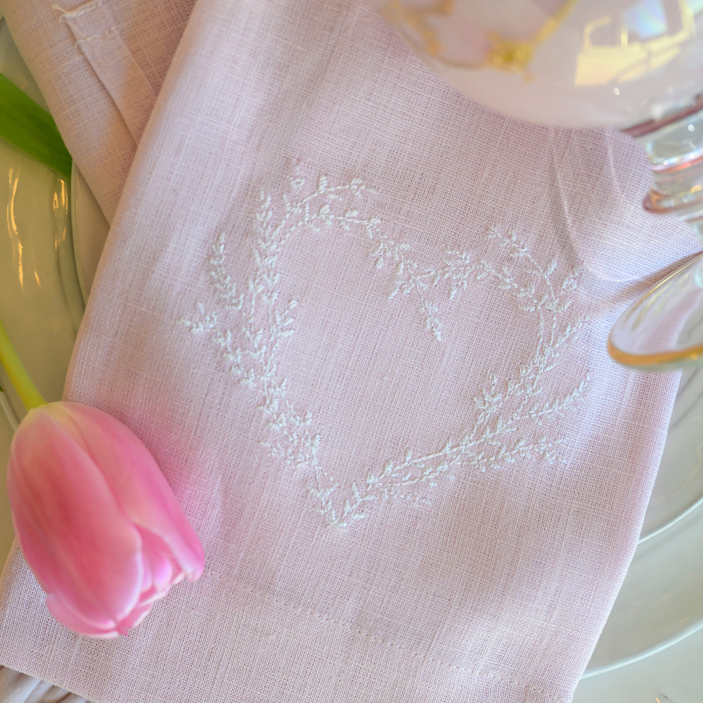 Vineyard Heart Linen Towel - White (Green)