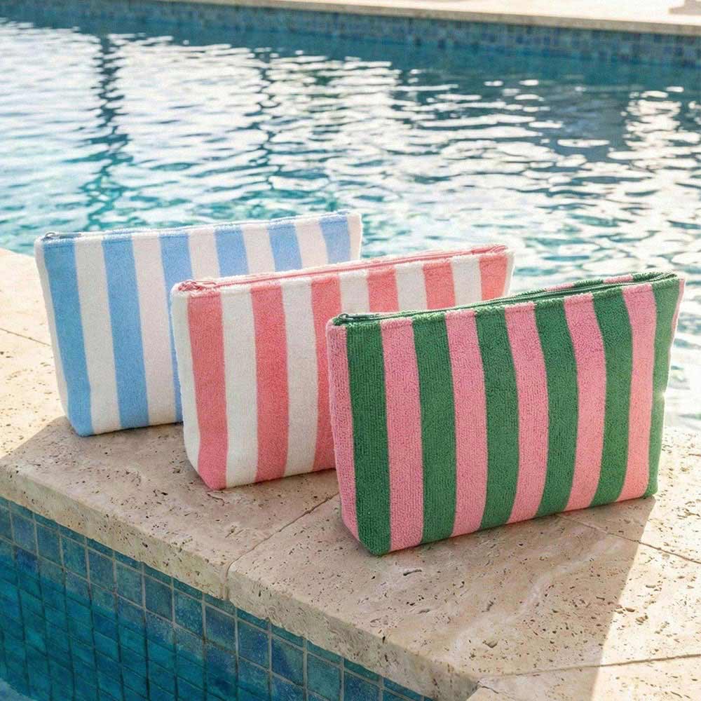 Striped Terry Cloth Cosmetic Pouch Bag: Blue