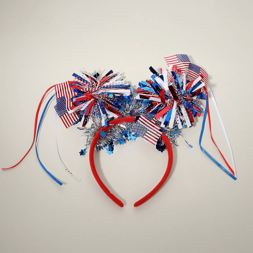 American Flag Patriotic Bow Tinsel Pom Headband