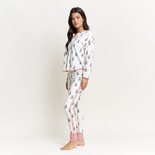 Back in Bed Long Henley Set - Ivory Trees