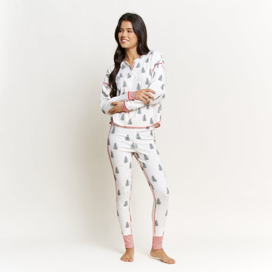 Back in Bed Long Henley Set - Ivory Trees