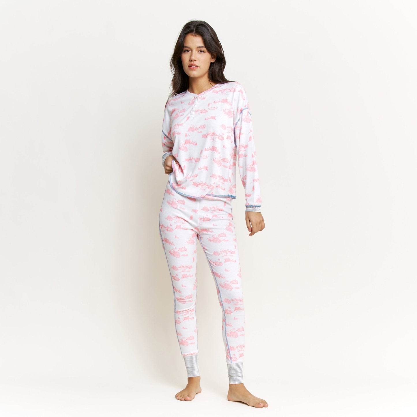 Back in Bed Long Henley Set - White Cabin Toile