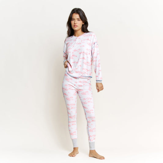 Back in Bed Long Henley Set - White Cabin Toile
