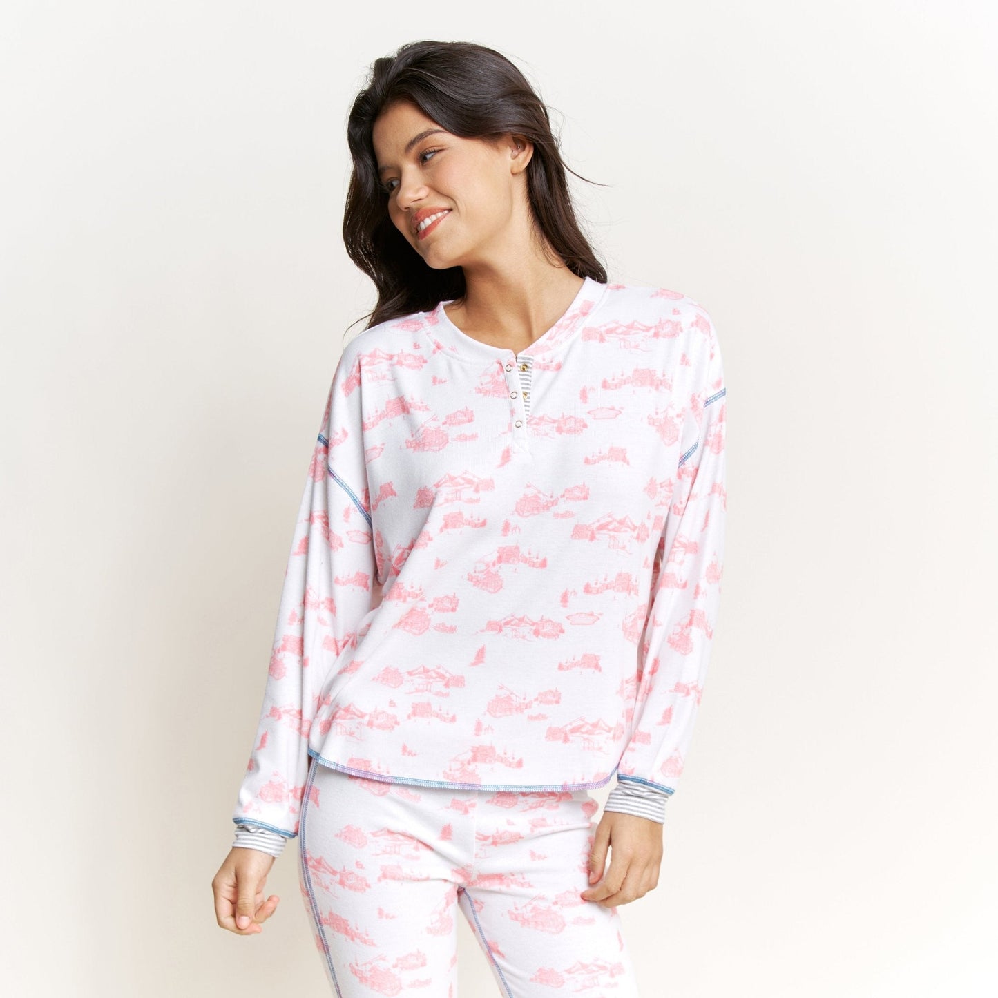 Back in Bed Long Henley Set - White Cabin Toile