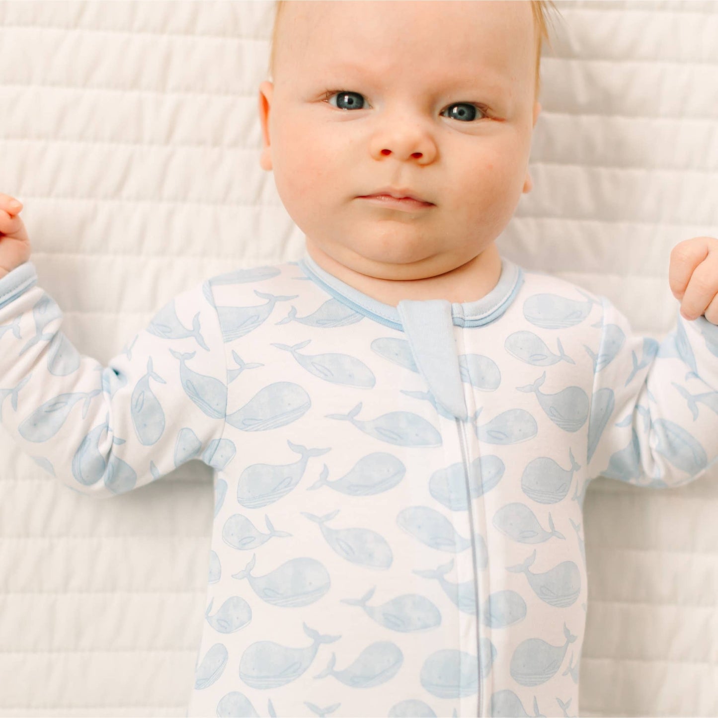 Azure Whales Print Zip Footie - Light Blue