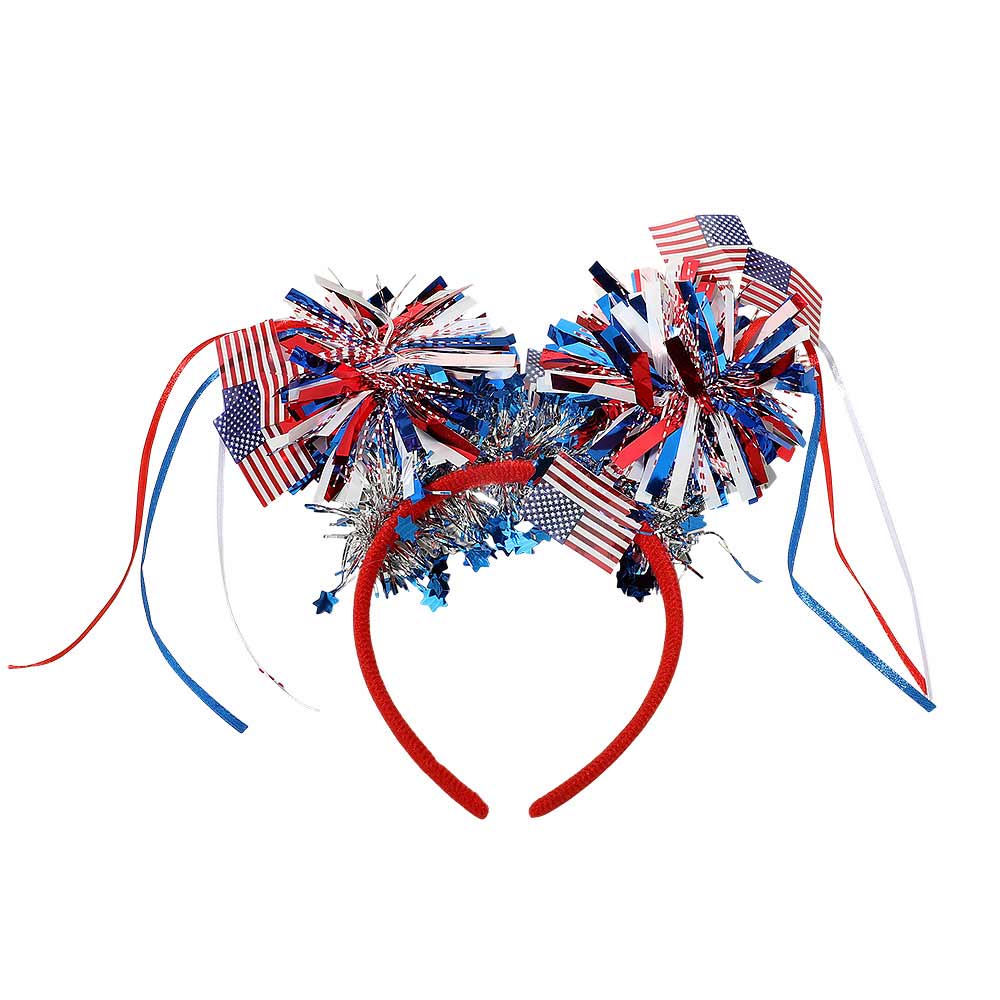 American Flag Patriotic Bow Tinsel Pom Headband