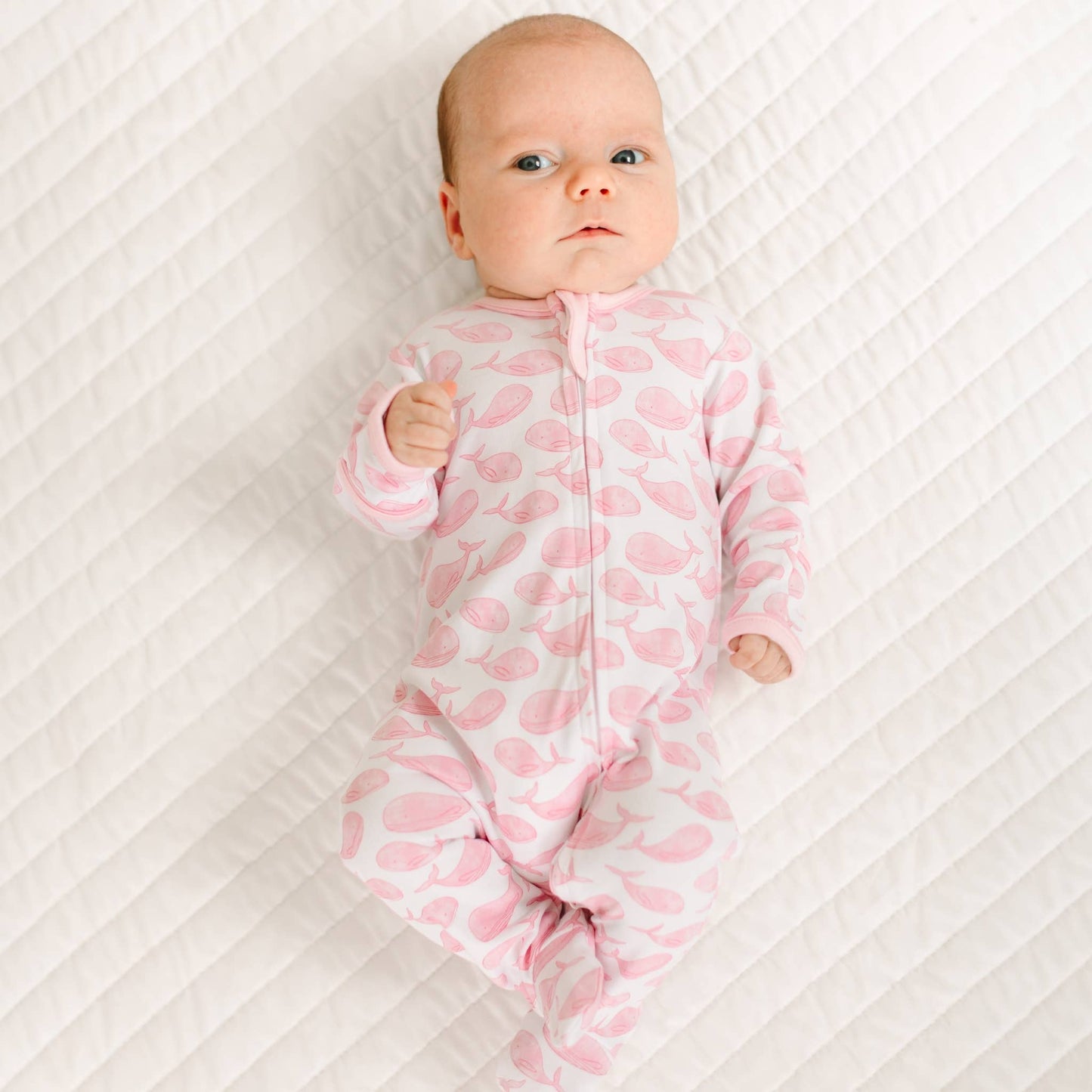 Azure Whales Print Zip Footie - Pink