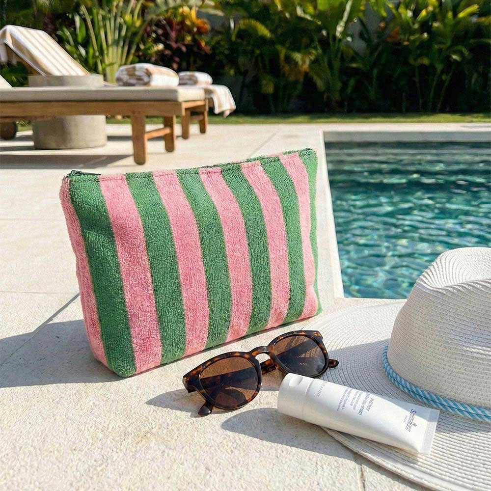 Striped Terry Cloth Cosmetic Pouch Bag: Pink&Green