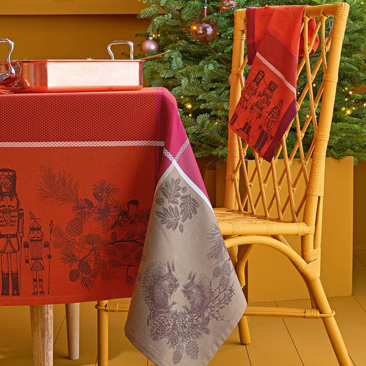 Casses Noisettes Rouge Festif Jacquard Tablecloth, Stain-Resistant Cotton