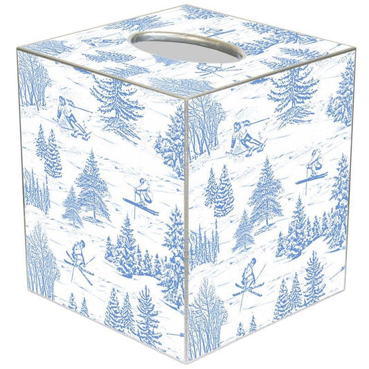 Ski Toile Blue on White Tissue Box Cover: Paper Mache