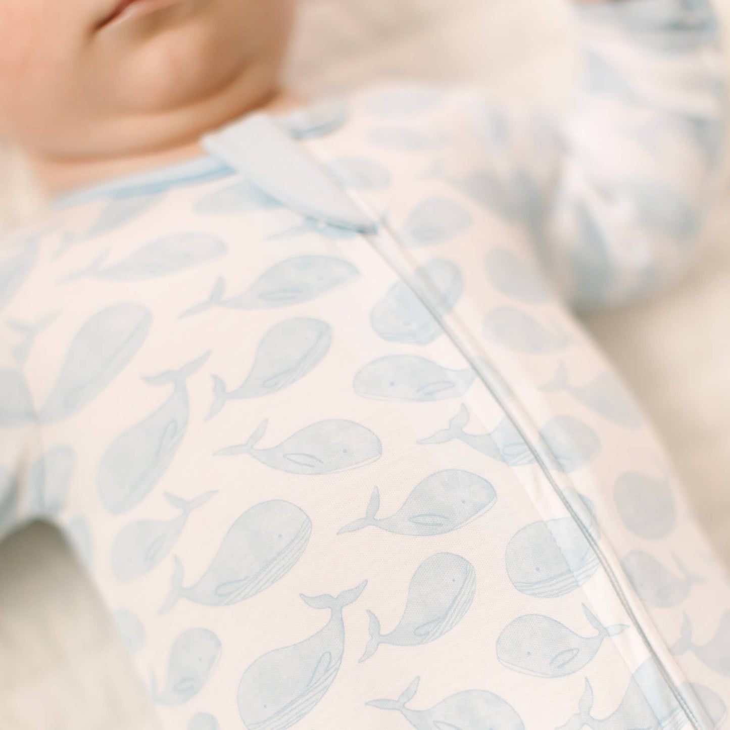 Azure Whales Print Zip Footie - Light Blue