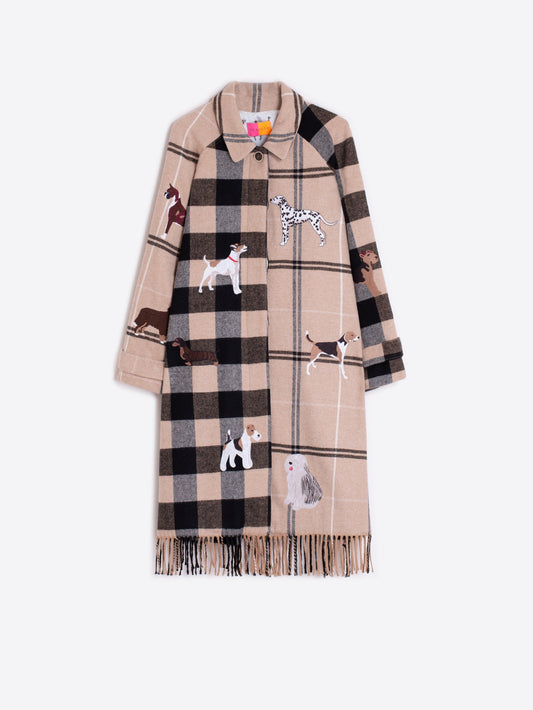 Plaid Coat with Large Embroidered Dogs