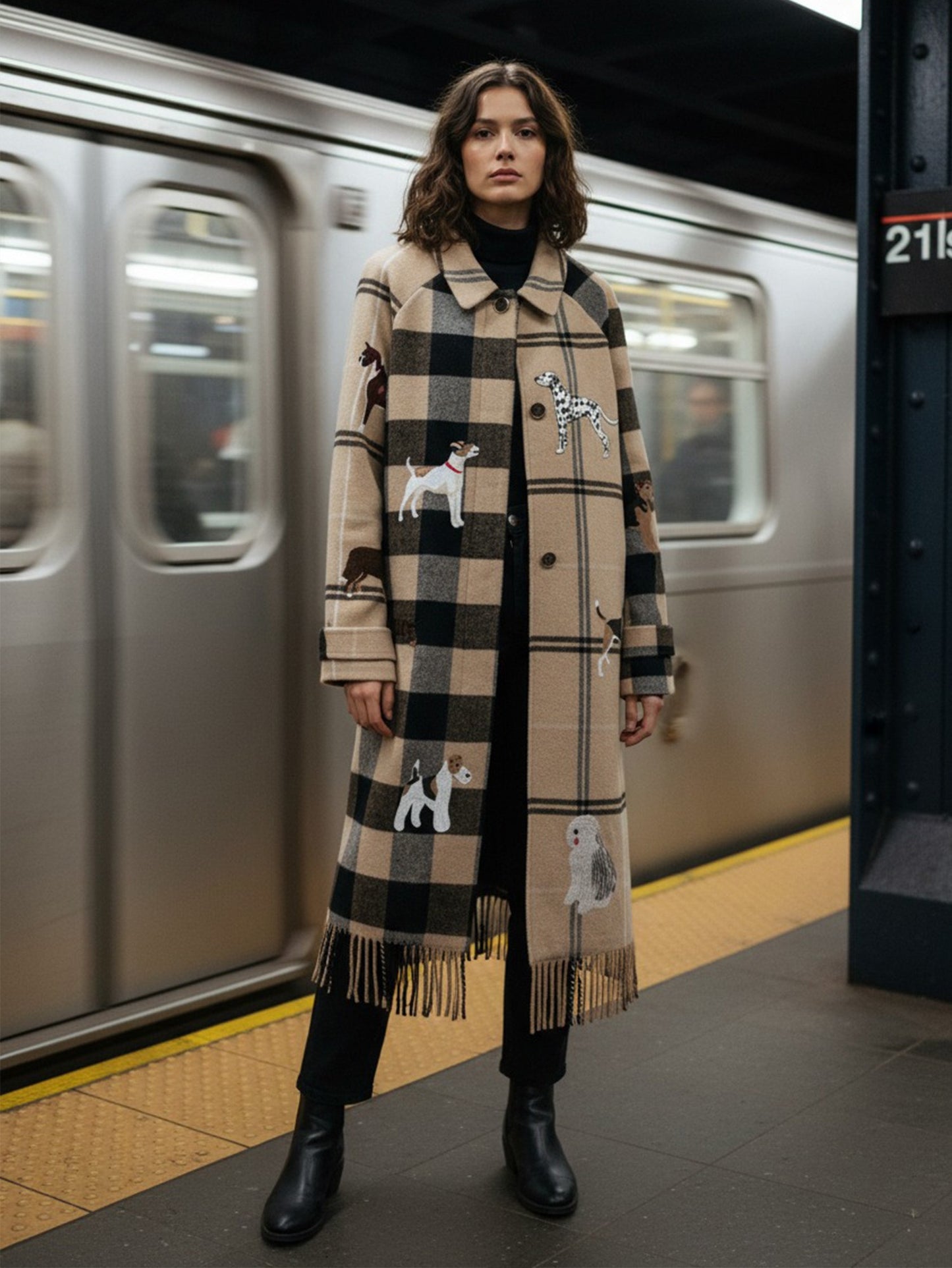 Plaid Coat with Large Embroidered Dogs