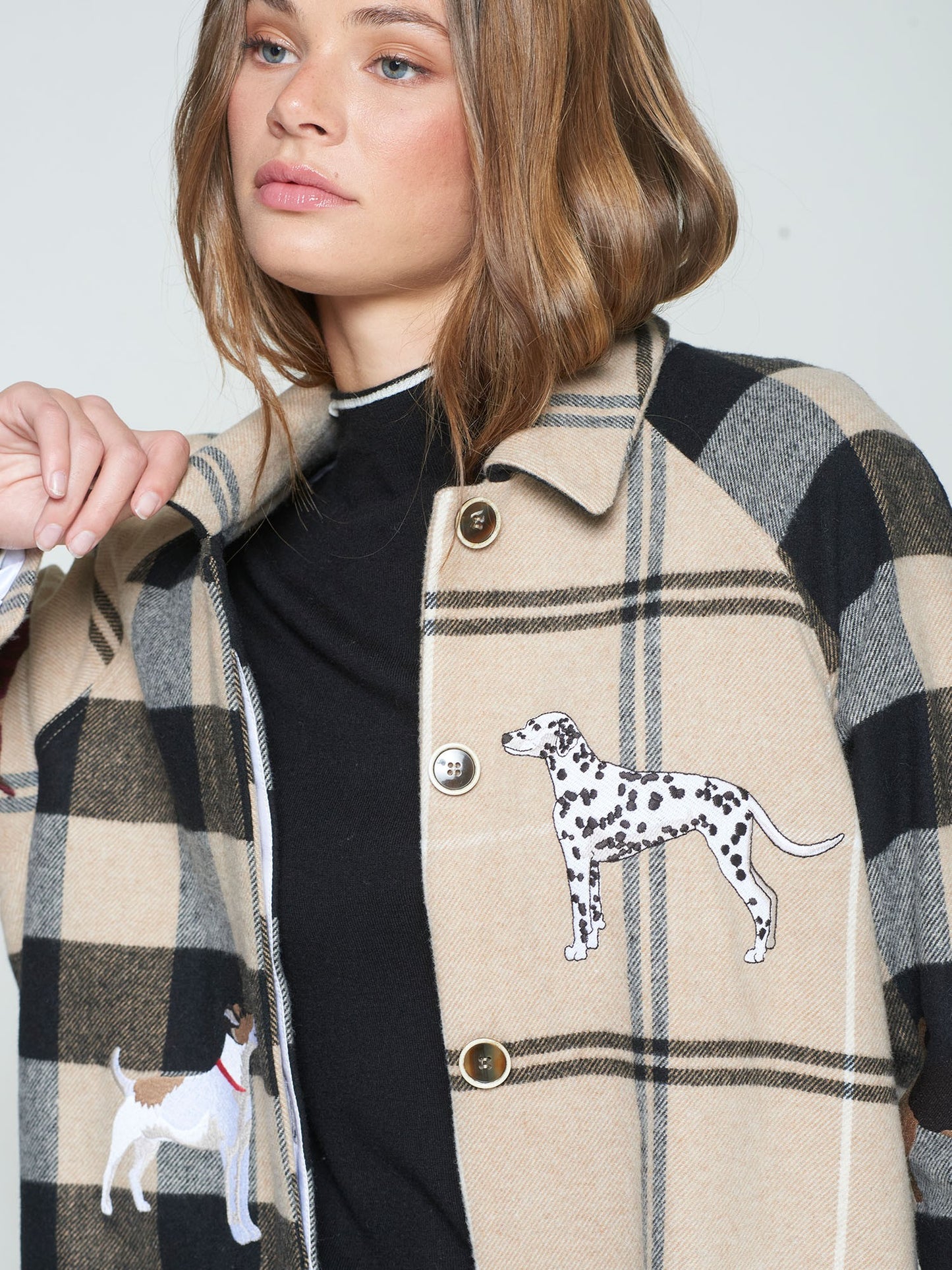 Plaid Coat with Large Embroidered Dogs