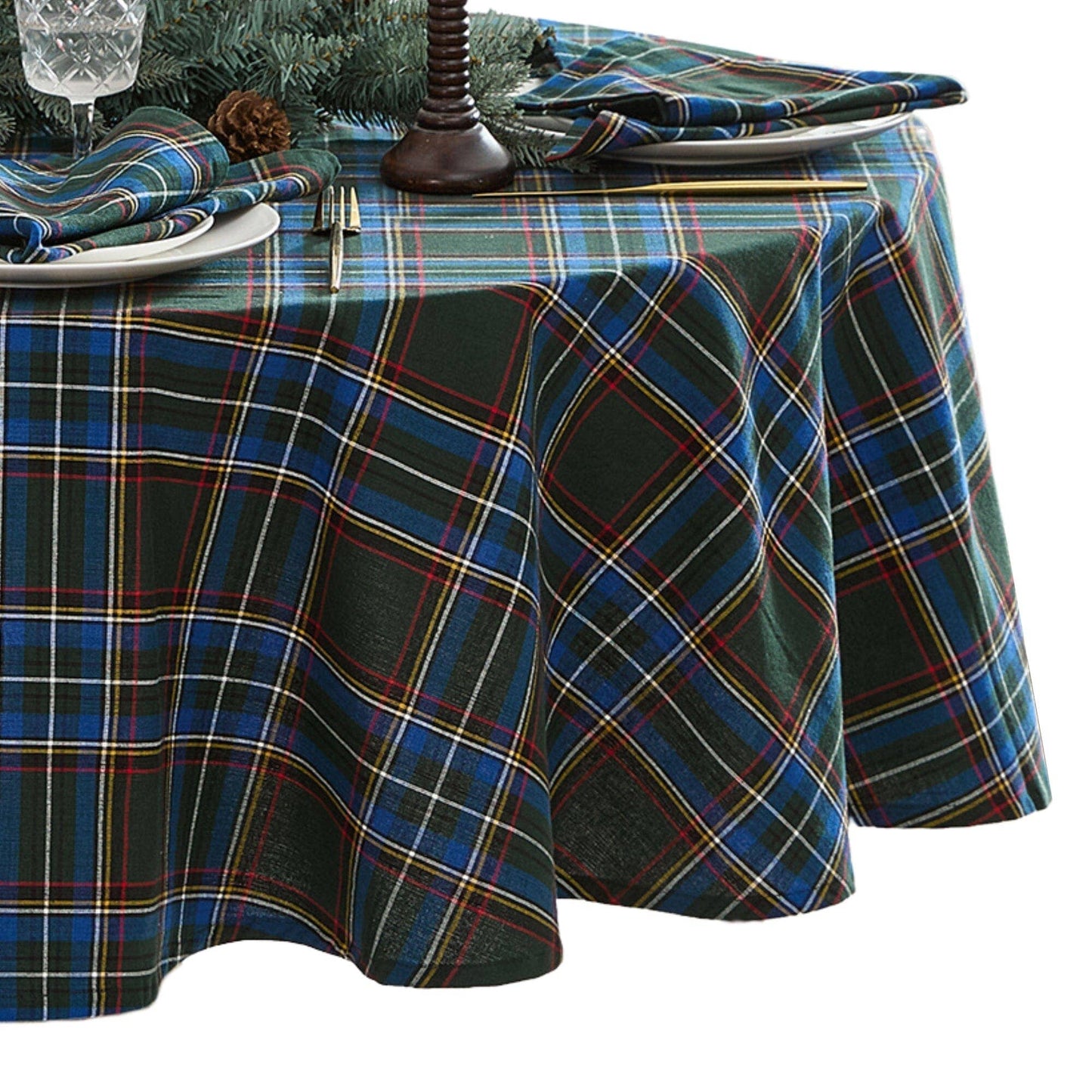 Stowe Tartan Holiday Plaid Cotton Christmas Tablecloth: Green - 70" Round