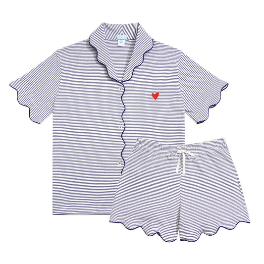 Scallop Short Pajama Set - Navy Stripe