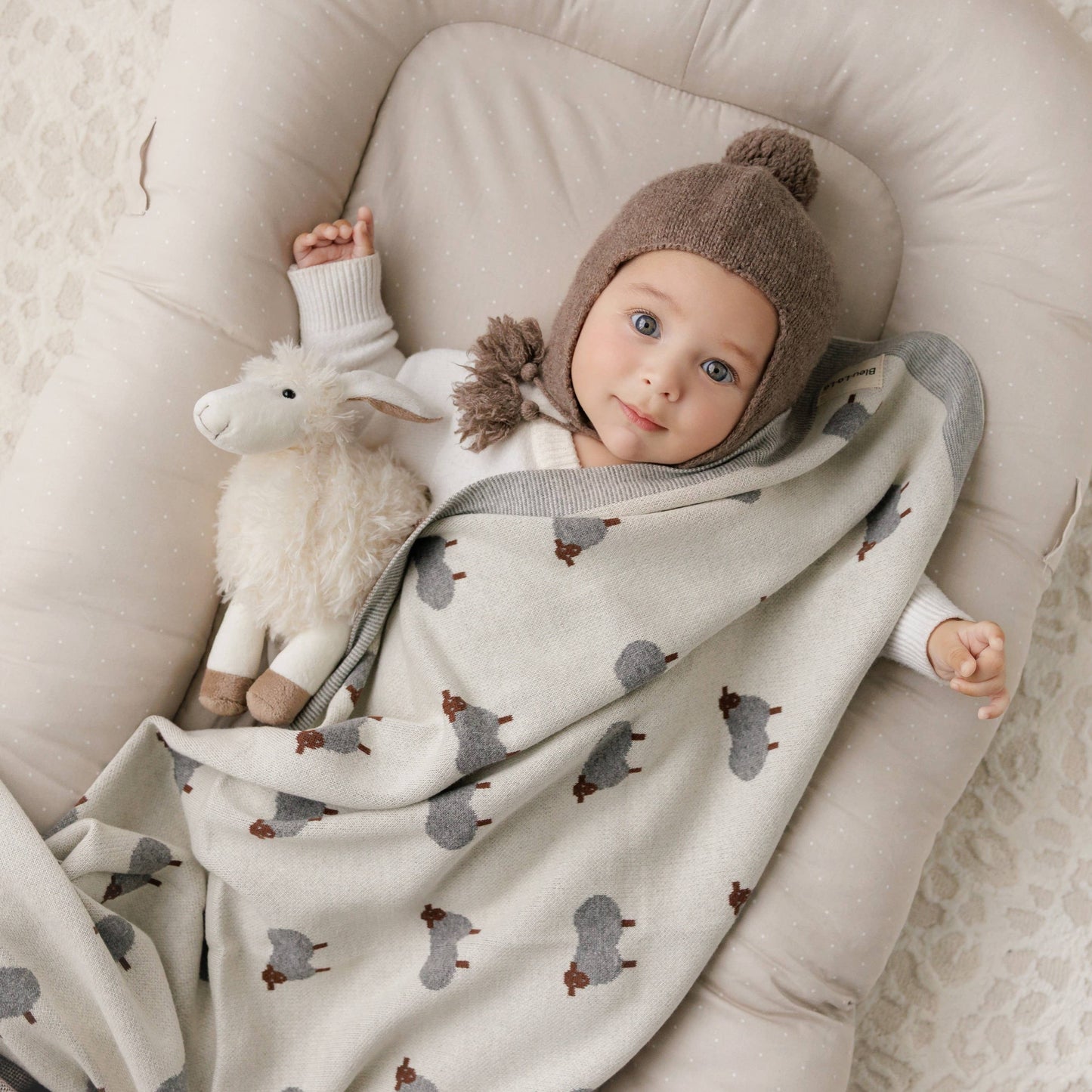 100% Luxury Cotton Receiving Swaddle Baby Blanket - Sheep - Taupe