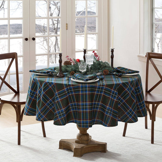 Stowe Tartan Holiday Plaid Cotton Christmas Tablecloth: Green - 70" Round