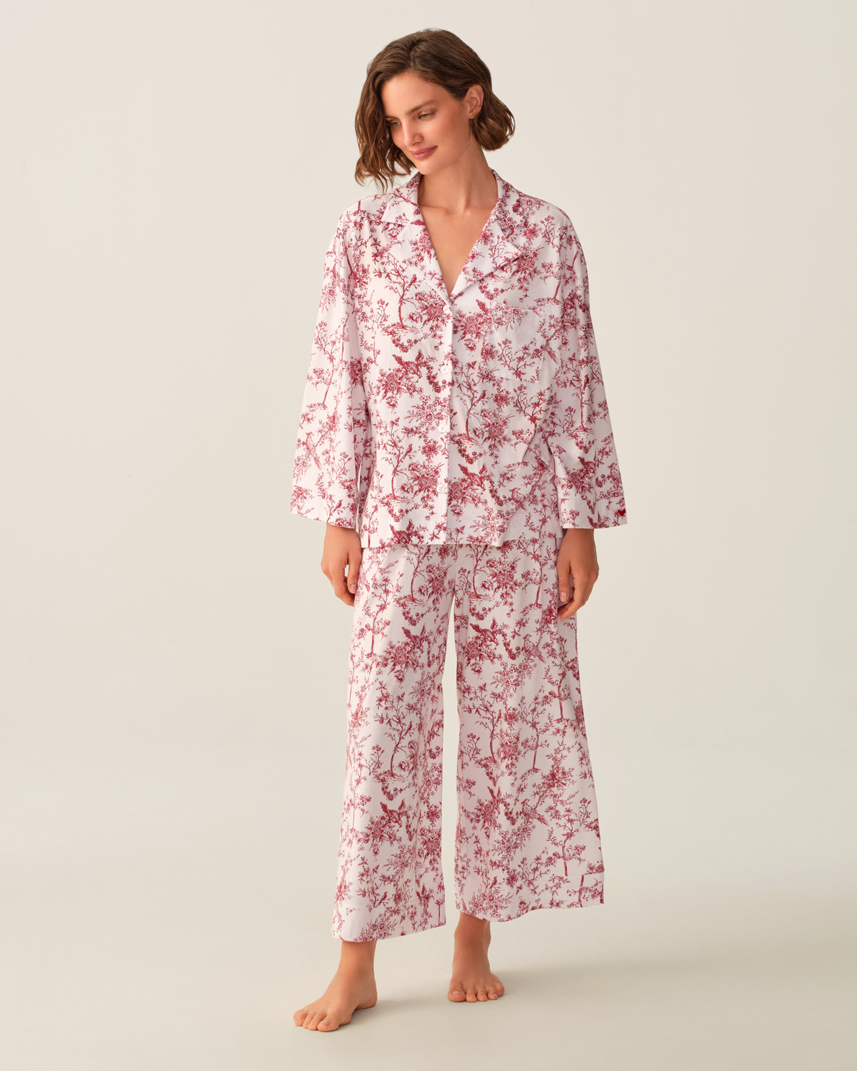 The Olivia Wide Leg Pima Pajama Set - Red Timeless Toile