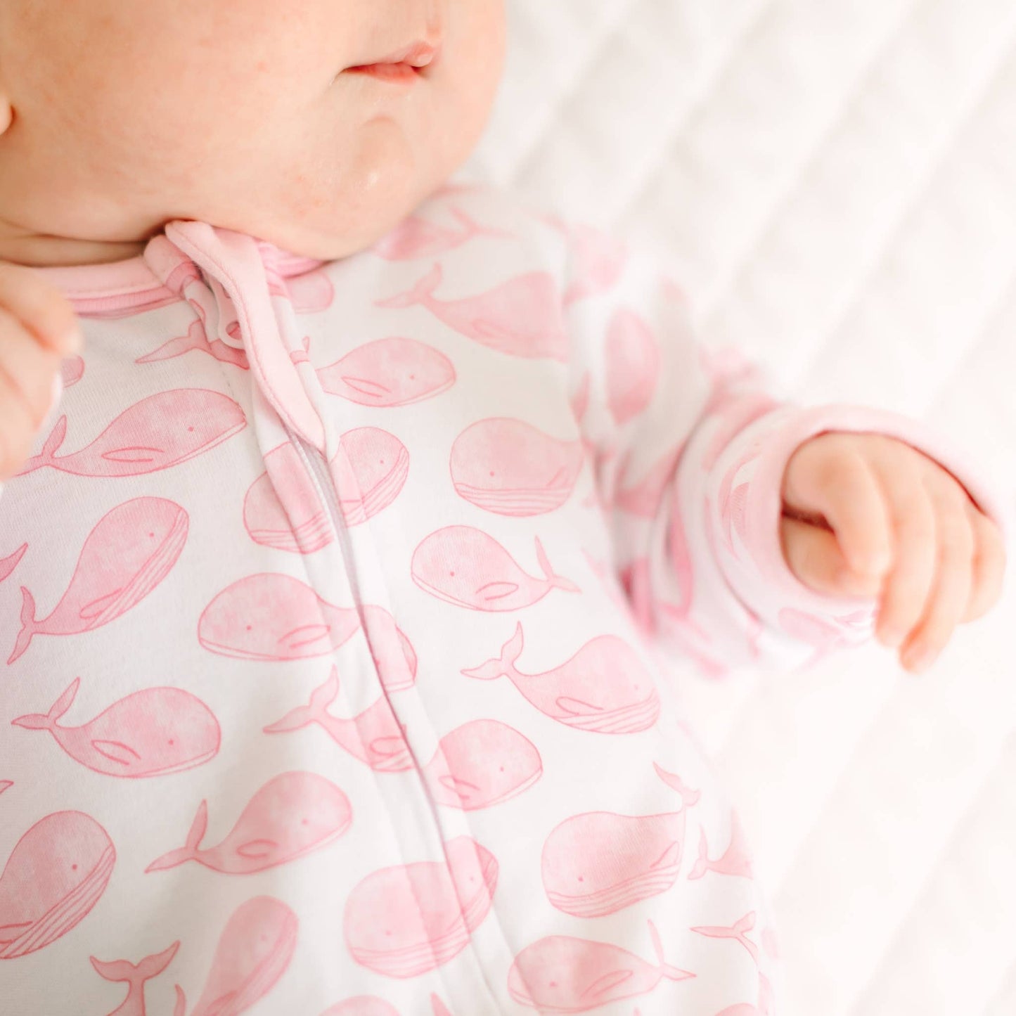 Azure Whales Print Zip Footie - Pink