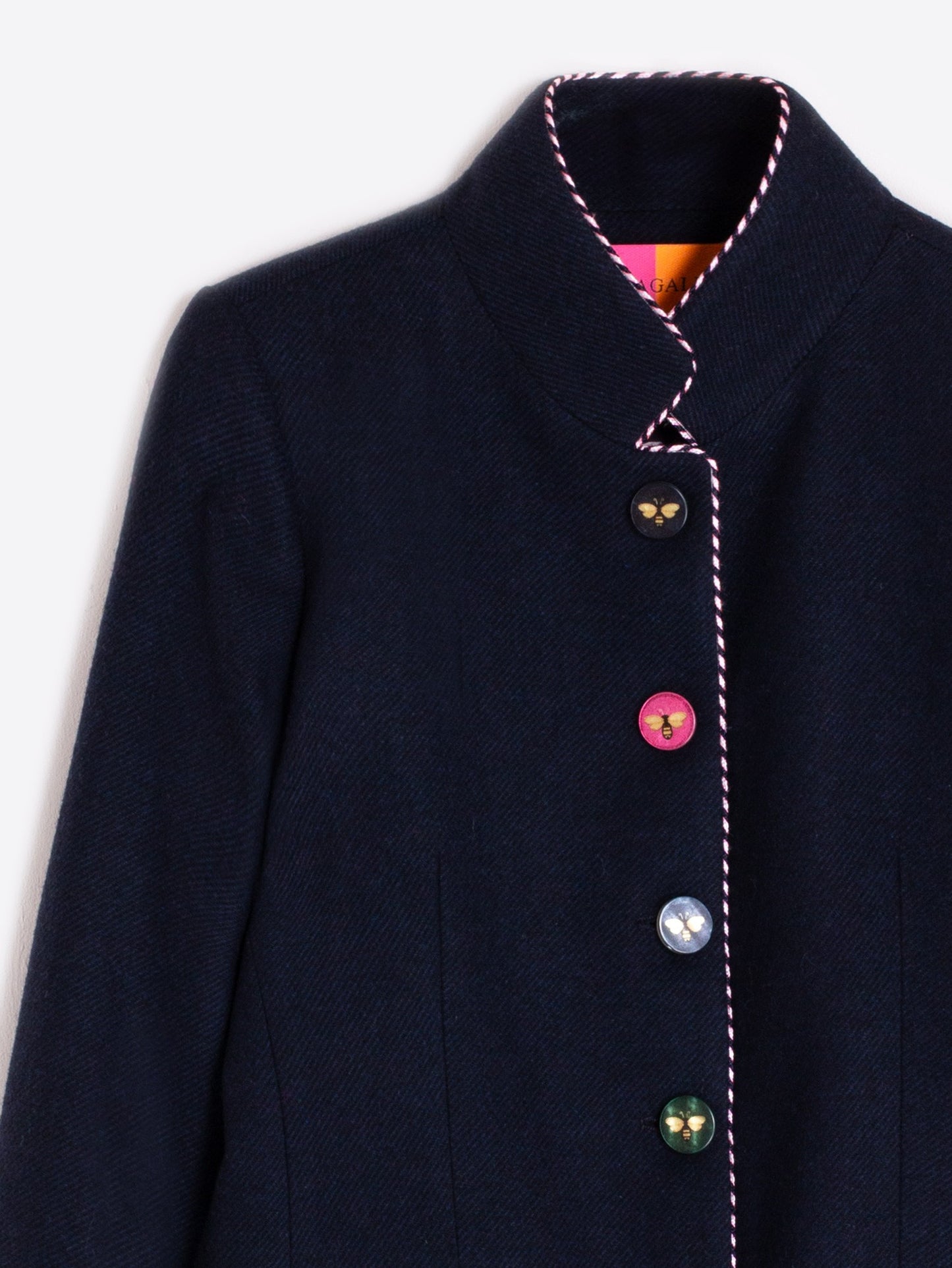 Navy Jacket with Pink Trim and Bee Buttons