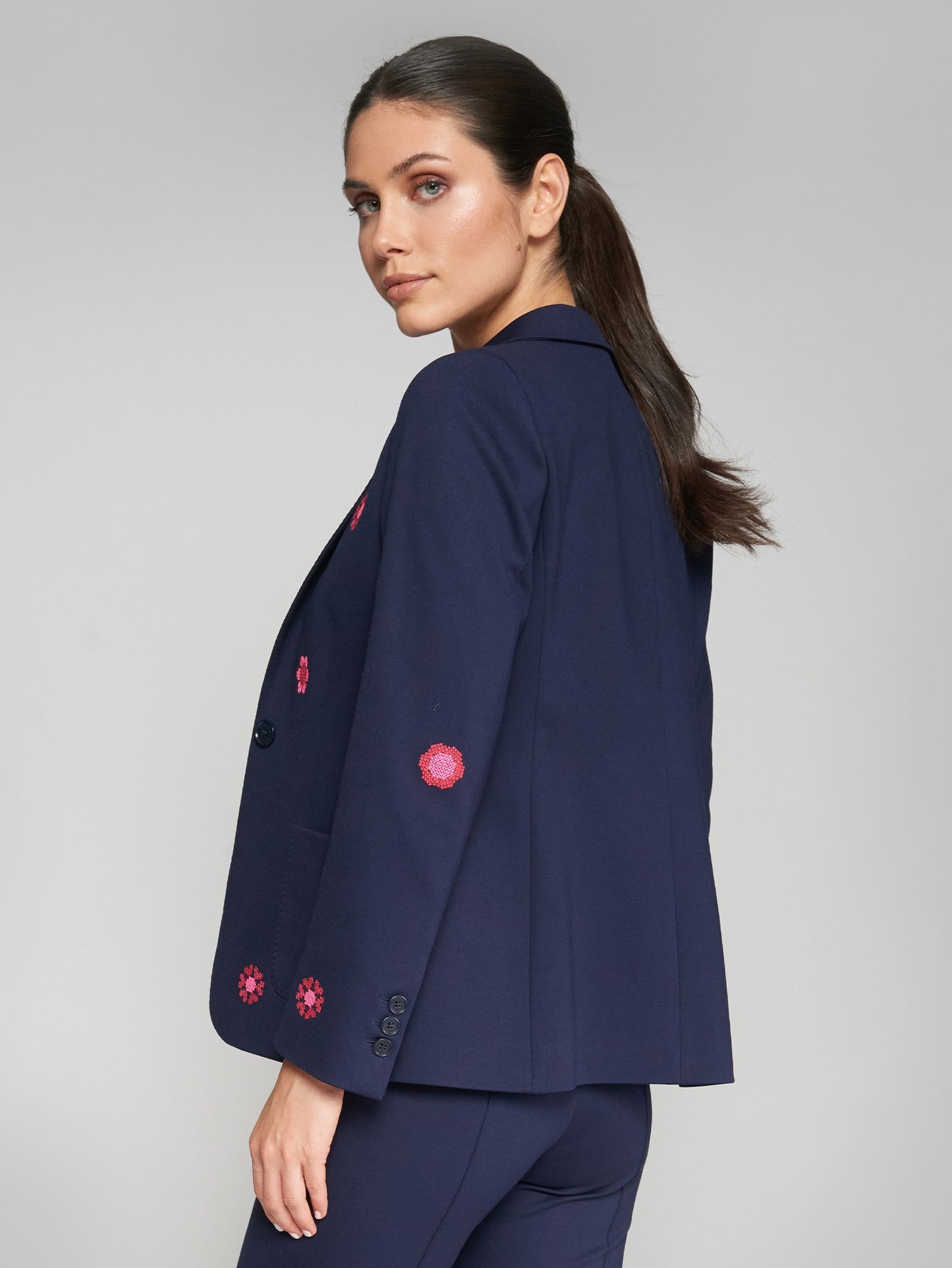 Blazer - Harlow Navy Embroidered with Pink Flower Applique