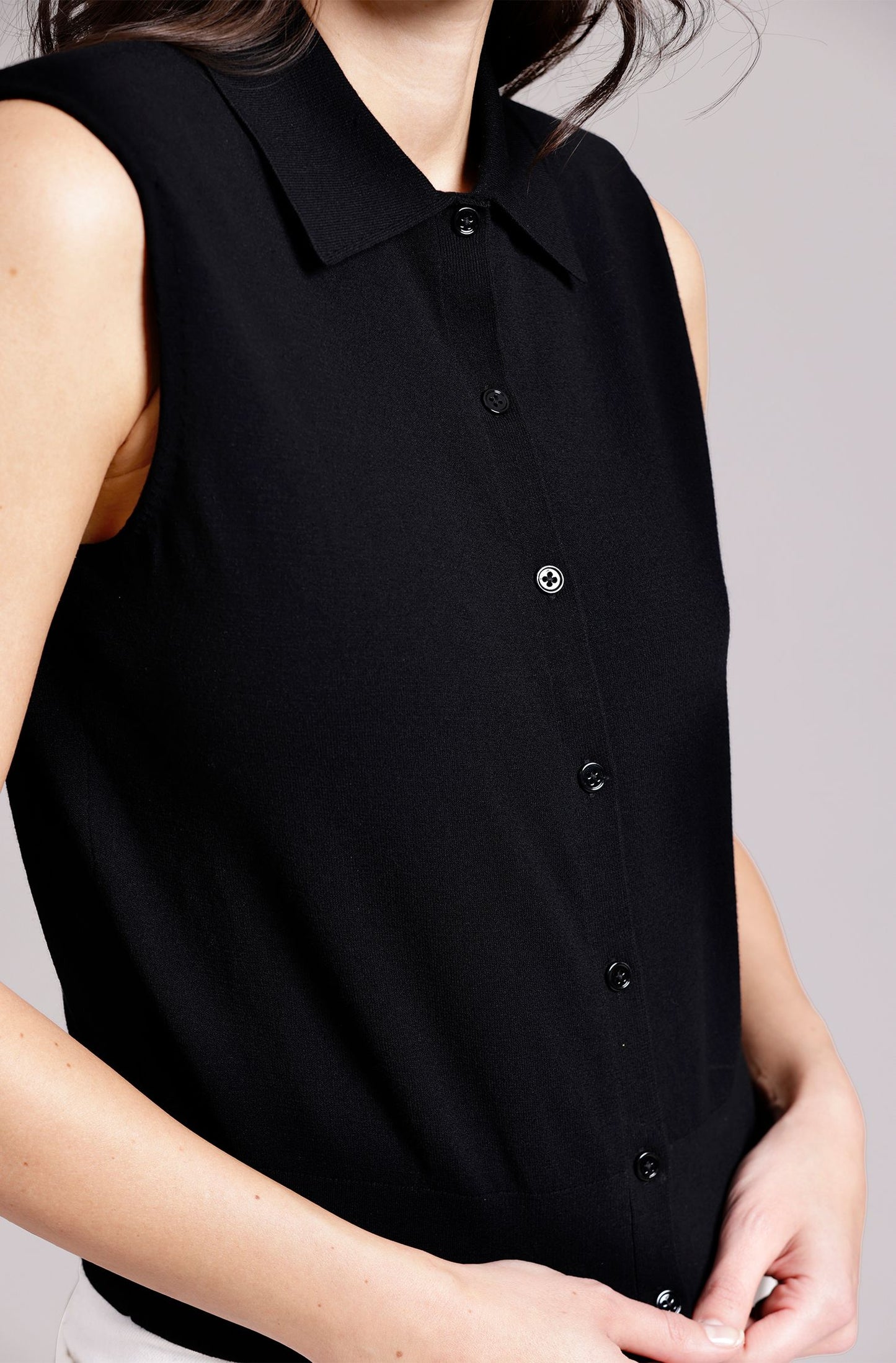 Viscose Button Front Sleeveless Polo - Black