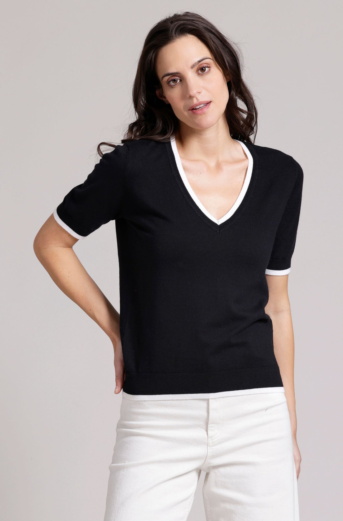 Supima Cotton Cashmere V-Neck Tee with Black/White Tipping