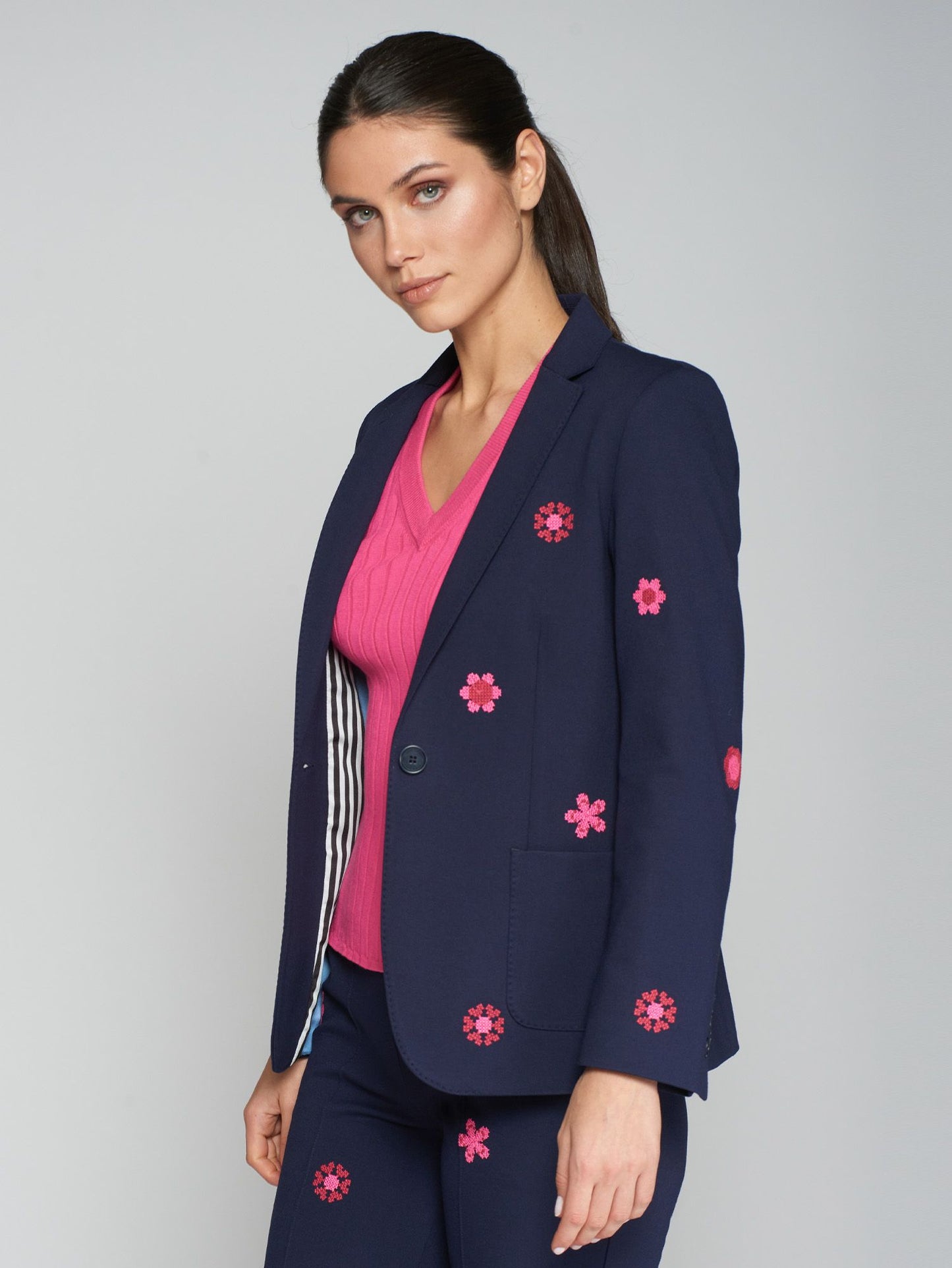 Blazer - Harlow Navy Embroidered with Pink Flower Applique