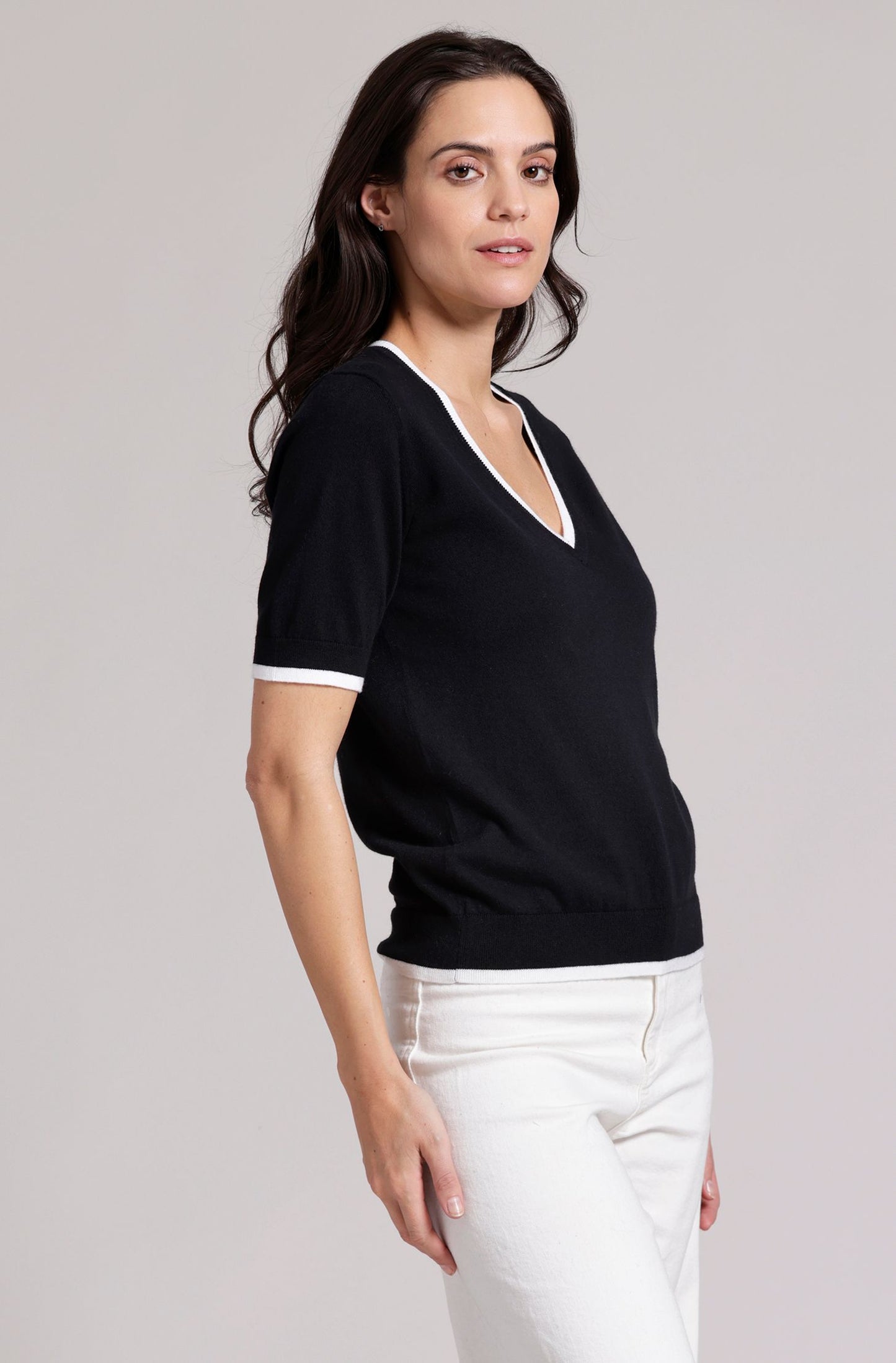 Supima Cotton Cashmere V-Neck Tee with Black/White Tipping