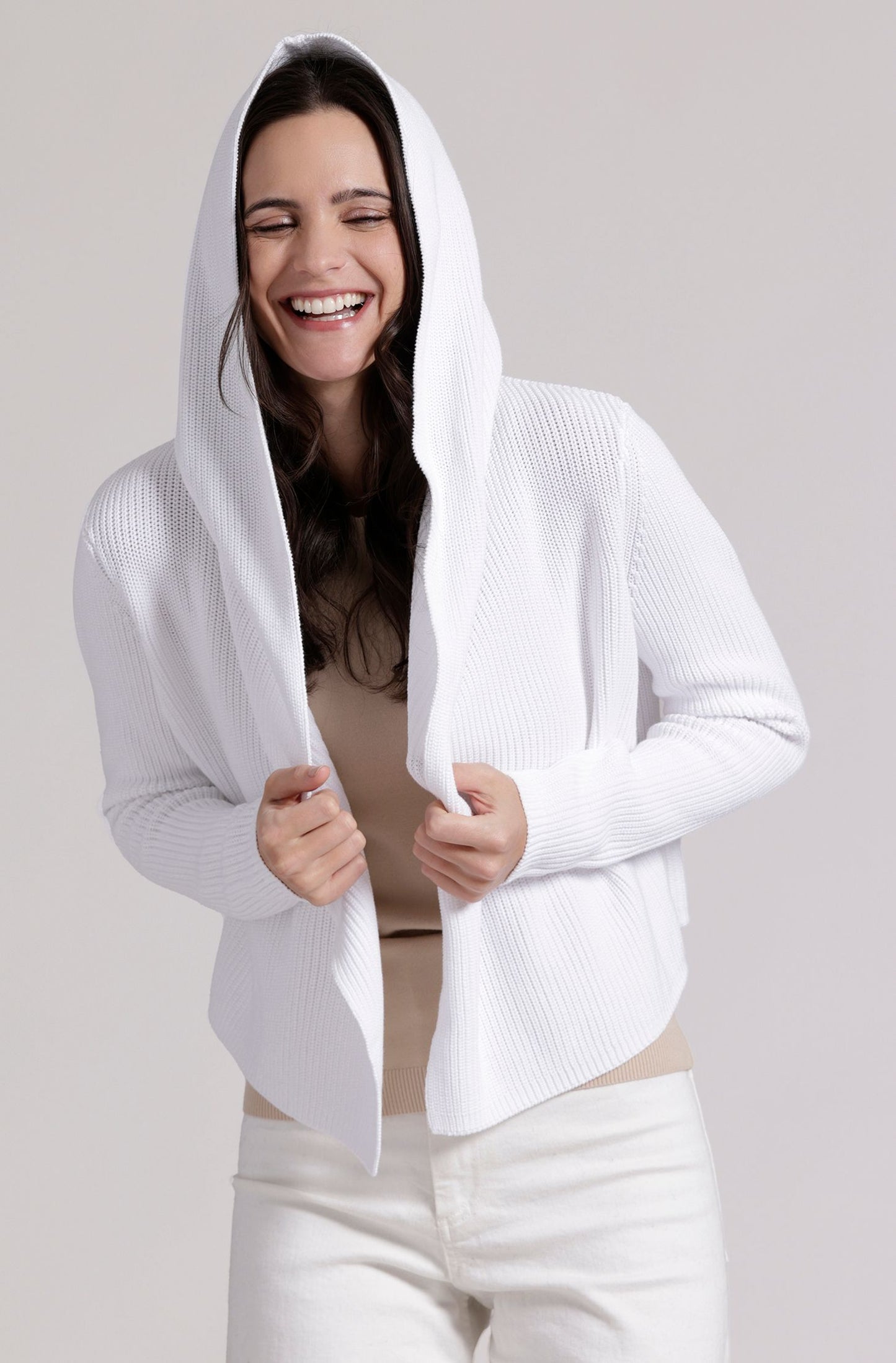 Cotton Shaker Hooded Flyaway Cardigan - White