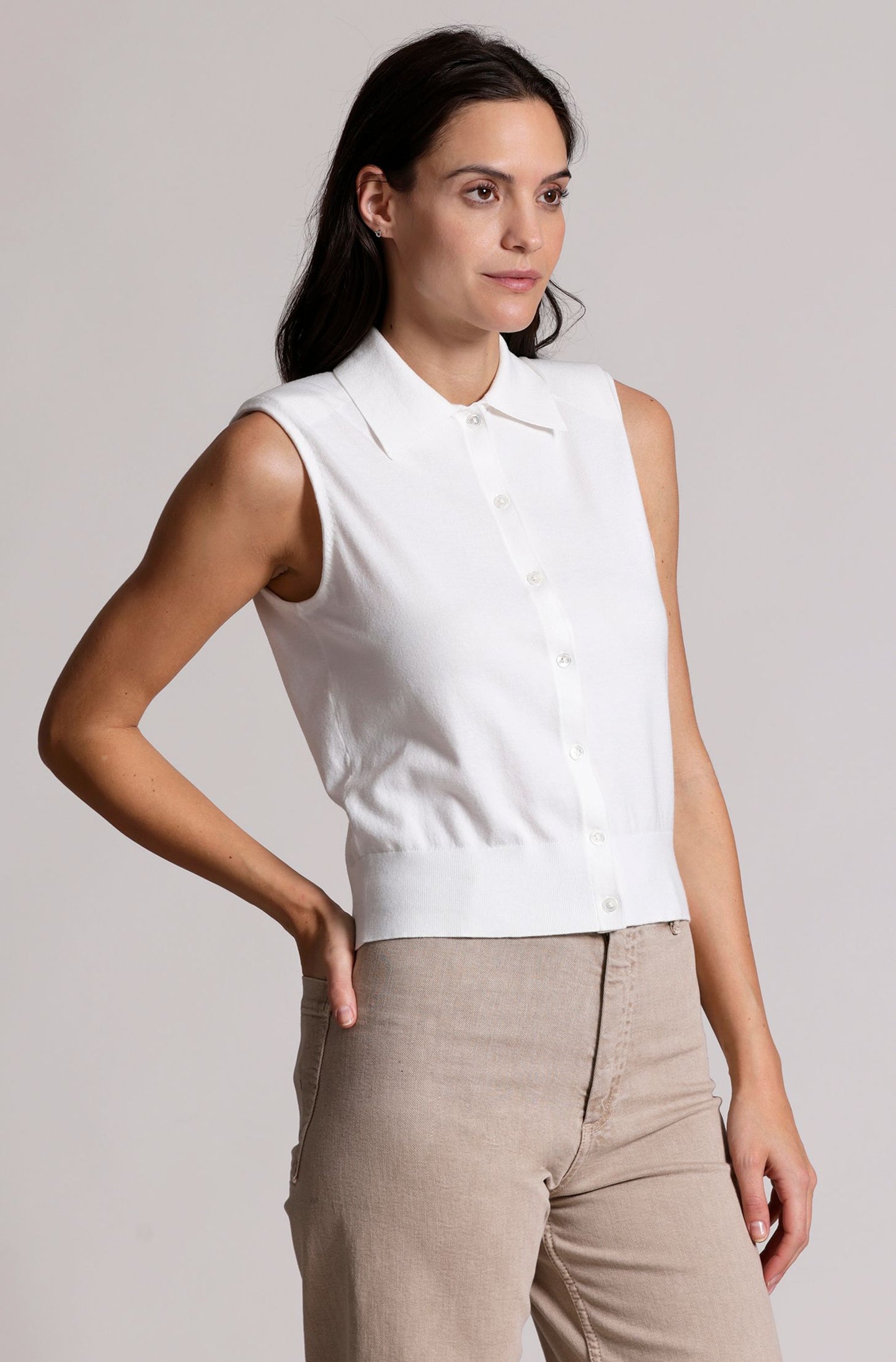 Viscose Button Front Sleeveless Polo - White