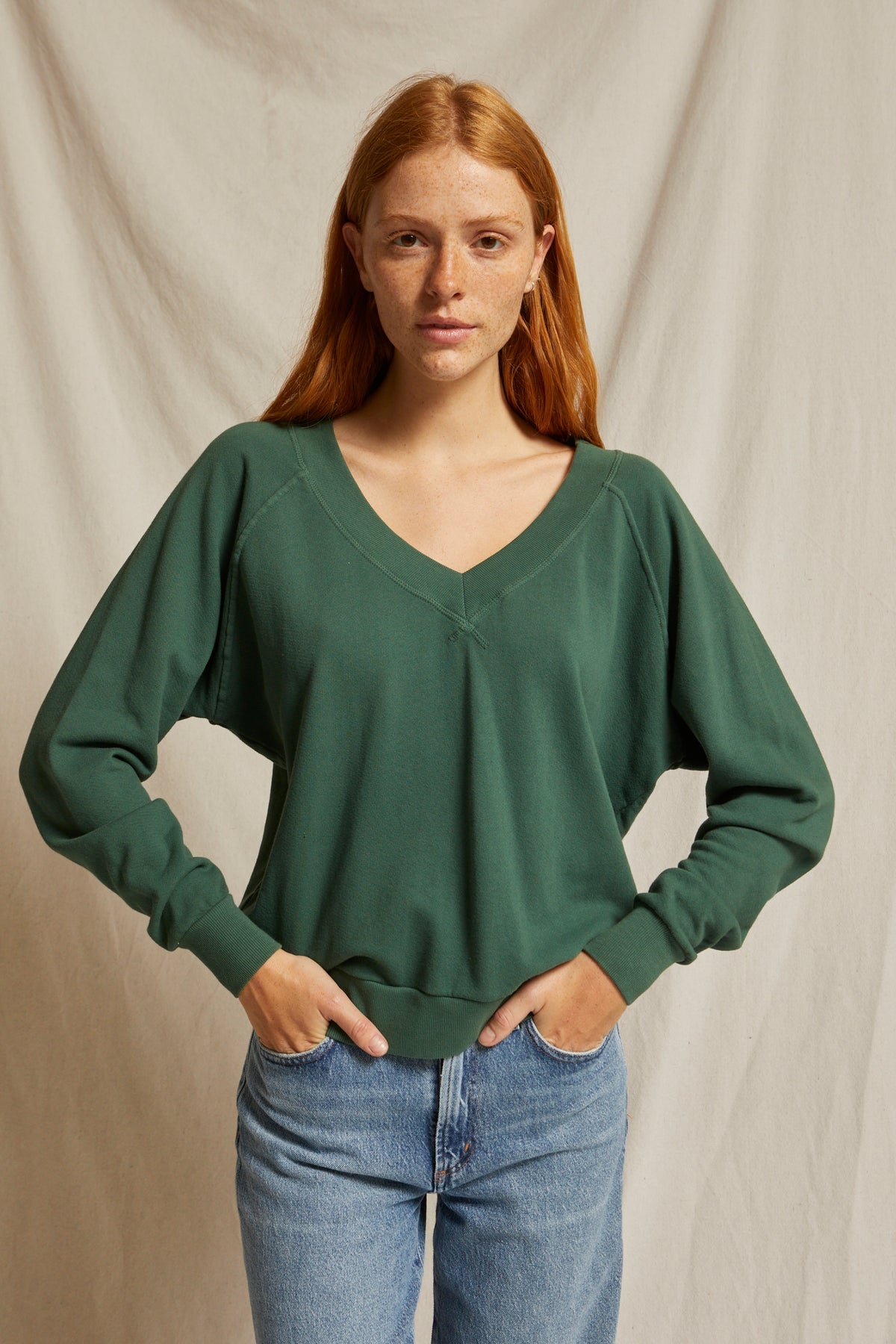 Sinead French Terry V-Neck Sweatshirt Evergreen