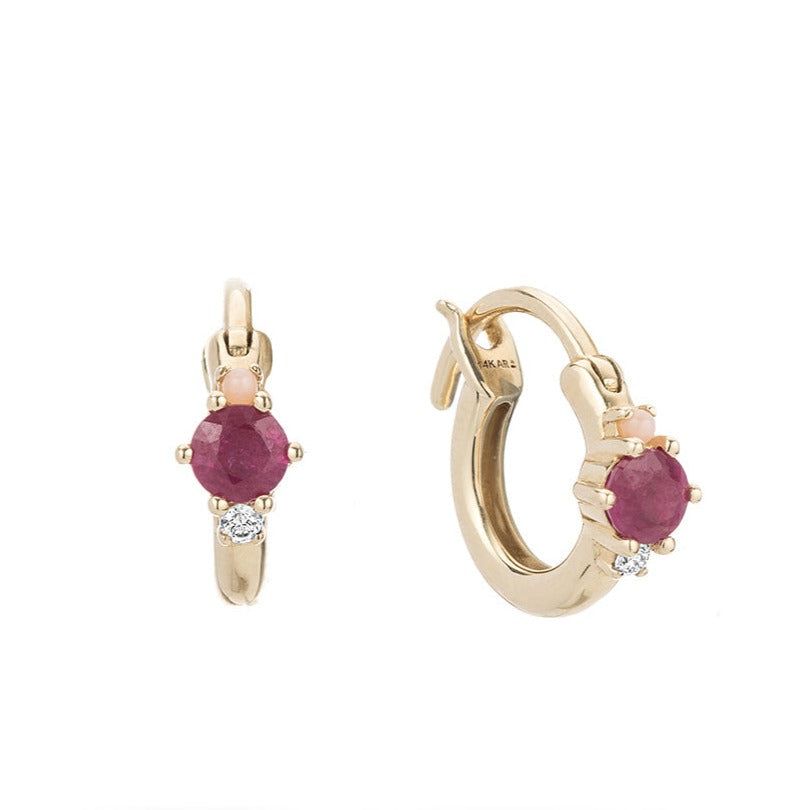14k Yellow Gold Amalfi Ruby/Diamond/Pink Opal Huggie Hoops