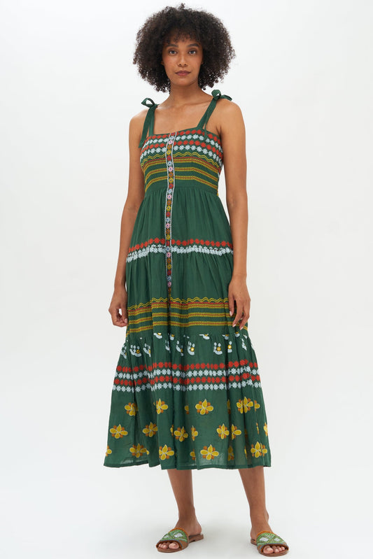 Tie Strap Embroidered Midi Dress - Lucknow Green
