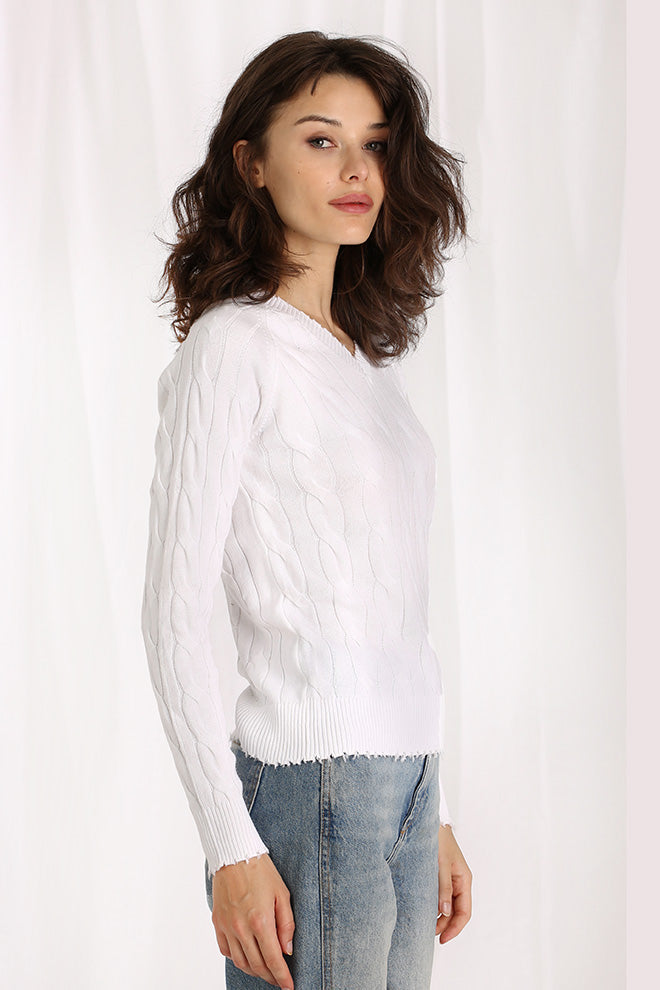 Cable Knit V-Neck Sweater with Frayed Edges - White
